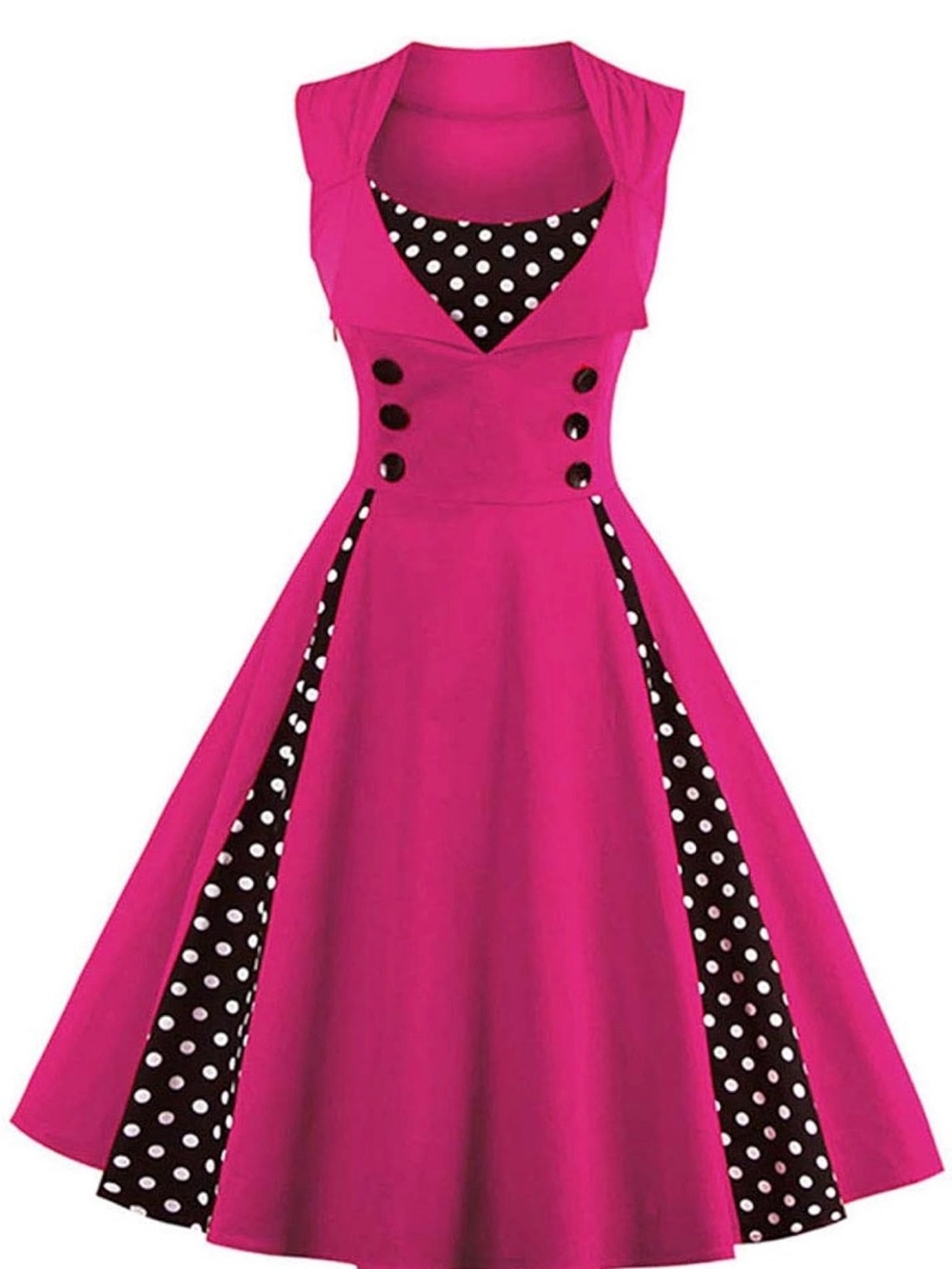 Vintage-Inspired Hot Pink Fit-and-Flare Dress with Polka Dot Contrast